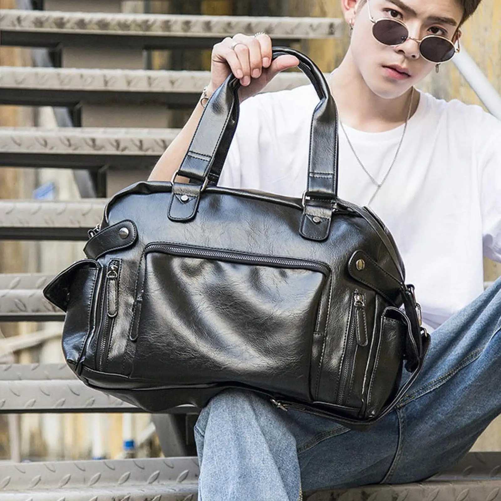 Mens Leather Shoulder Bag Business Bag with Adjustable Strap Top Handle Handbag Waterproof Briefcase Travel Bag for Office Work W251022