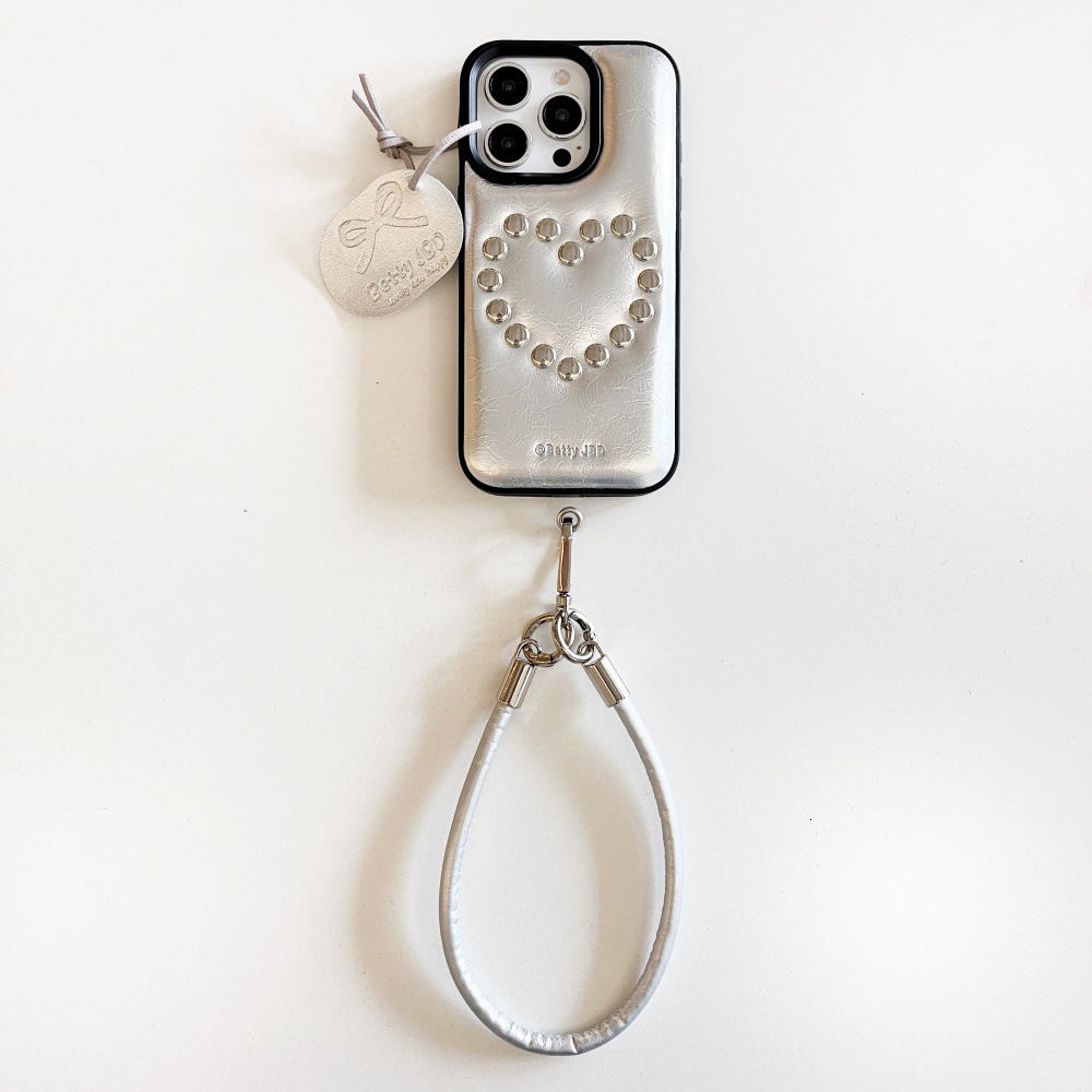 Oil Wax Leather Heart Rivet Phone Case Compatible with iPhone 17/16 Pro Simple Lanyard iPhone 15/14 Niche