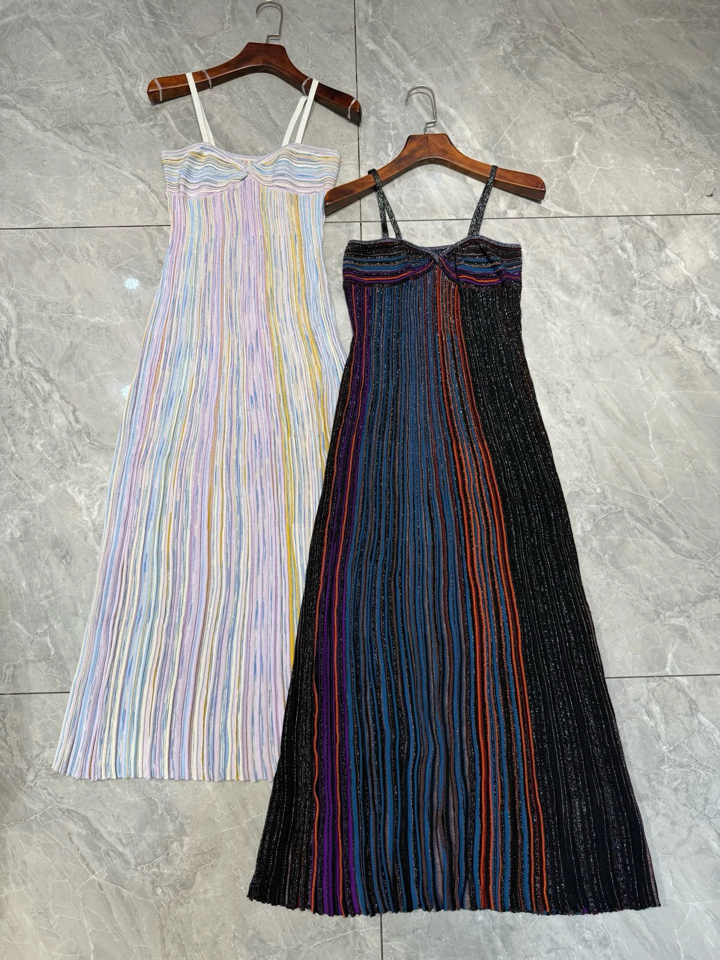 Women Metallic Sequined Multicolor Striped Sexy Strapless Maxi Long Knit Sling Dress 251013 C260312