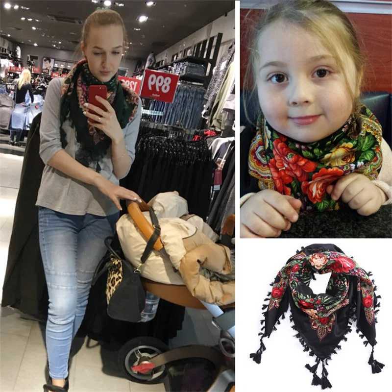9090cm Knot Tassel Russian Style Floral Print Square Scarf Women Traditional UKrainian Polish Shawl Babushka Bandana Head Wraps J251118