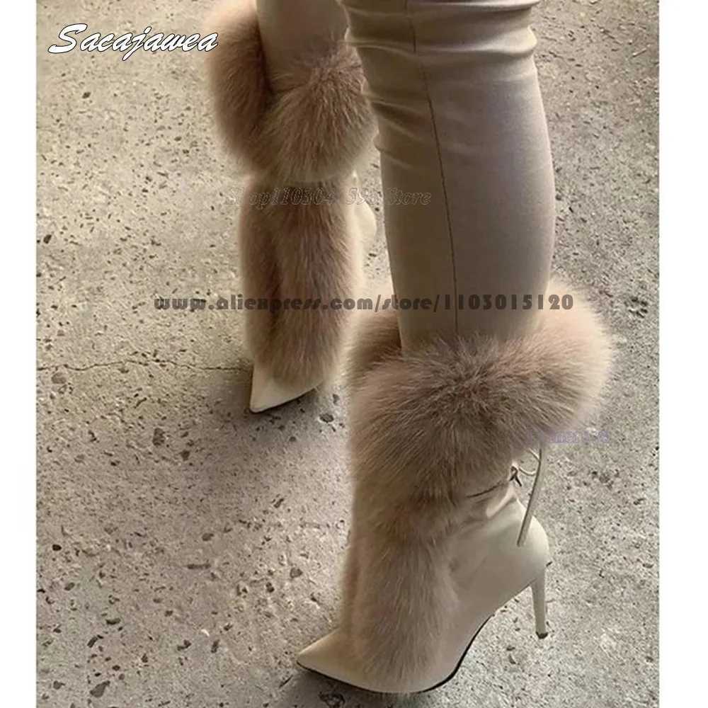 Solid Fur Back Drawstring Plush High Heel Boots Size 3542 Pointed Toe Sexy Lady Modern Boots Slip On Grace Party Boots Z251020