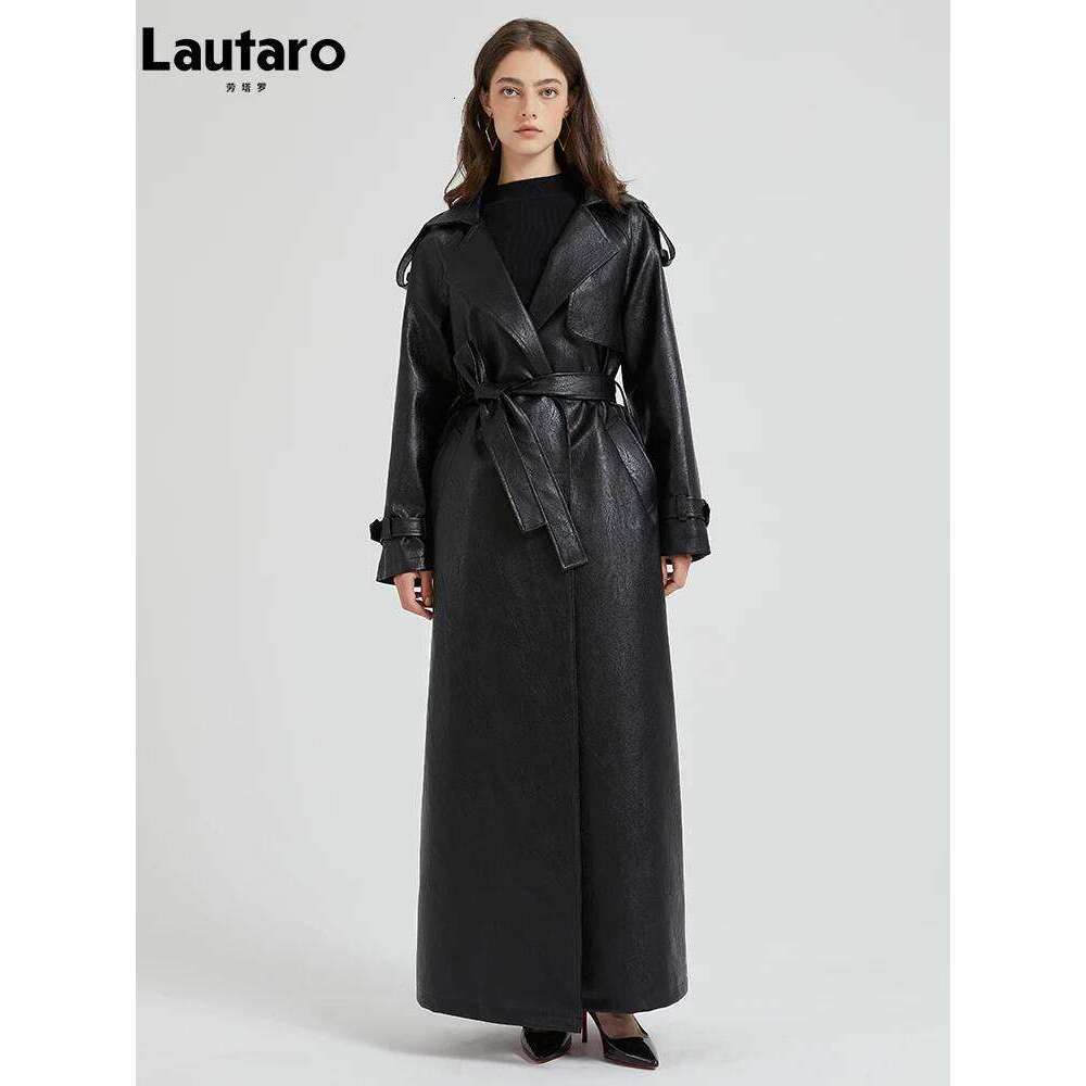 Lautaro Spring Autumn Extra Long Brown Pu Leather Trench Coat for Women Sashes Chic Overcoat Runway European Fashion 2024
