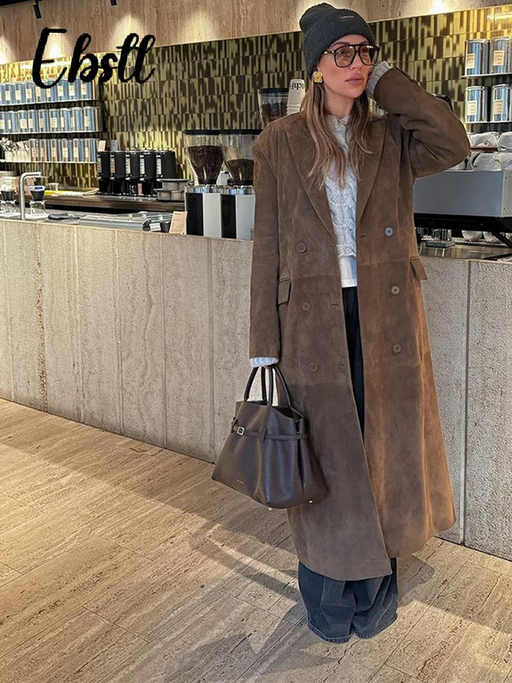 High Street Doublebreasted Suede Jackets Womens Vintage Turndown Collar Split Long Coat Autumn Winter Ladies Outwear 251020