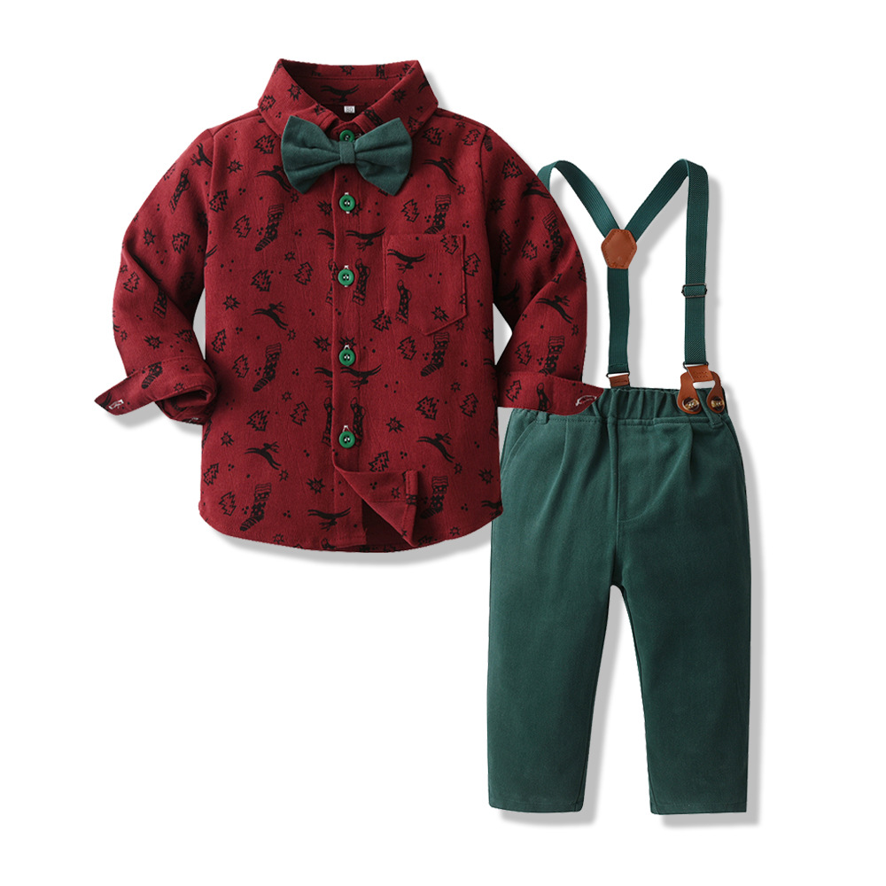 Kids' Autumn Christmas Outfit Foreign Trade Long-Sleeve Shirt & Suspender Pants Set Toddler Boys' Formal Birthday Wear