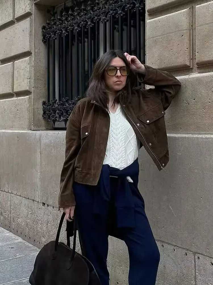 HH 2025 Street Fashion Suede Coat Long Sleeve Zipper Solid Turtleneck With Pockets Bomber Jacket Female Autumn Casual Outwears1 Y251105