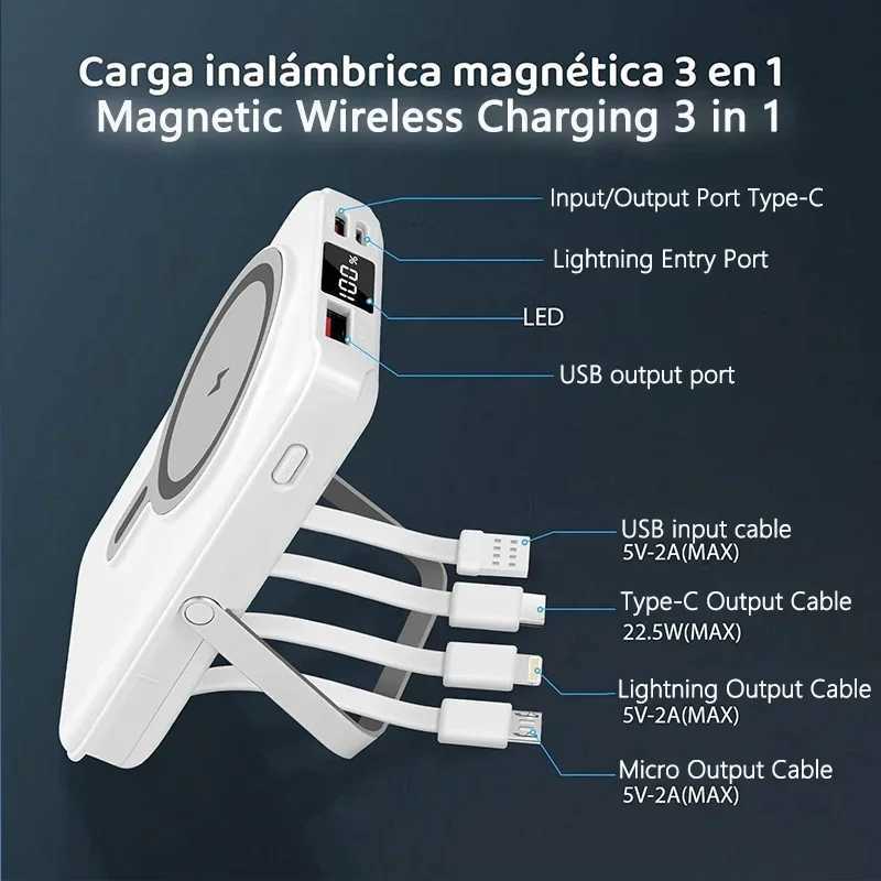 Fast Charging Portable BatteryPower Bank 10000mAh with Stand and 4 Cables Wireless Magnetic Charger for iPhone 1413ProMini J251114