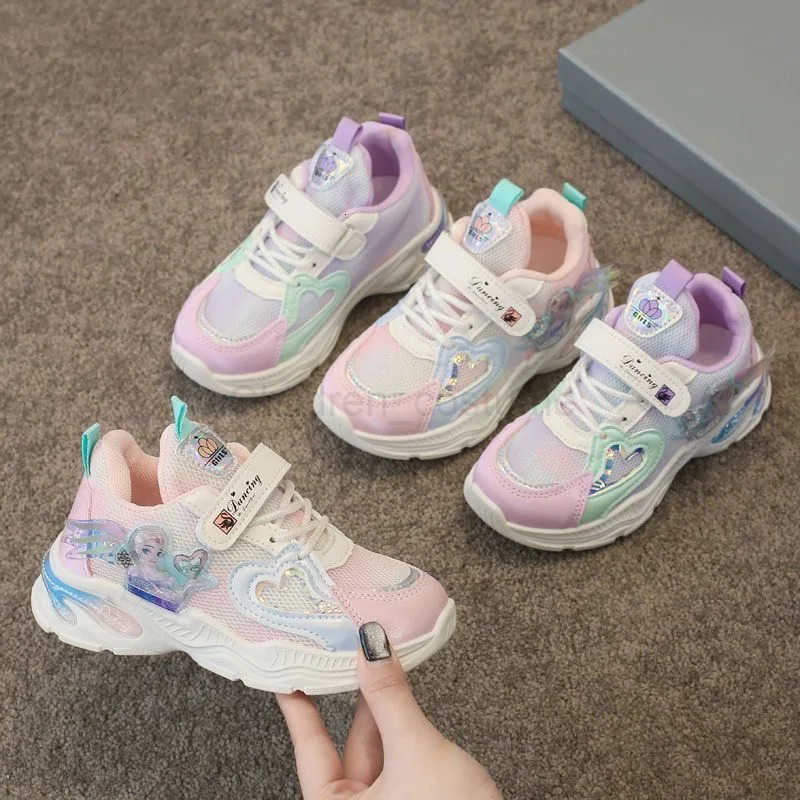 Disney Girls Shoes Autumn Mesh Breathable Shoes Frozen PU Leather Girls Sports Purple Pink Princess Elsa Shoes 2637 H251022