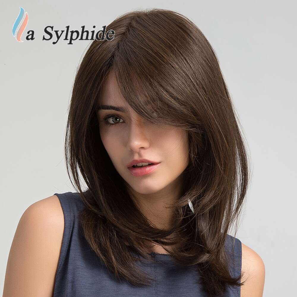 Full Wig Dark Brown Side Part Long Straight Matte High Temperature Fiber Age-Reducing High-Layered Collarbone Hair