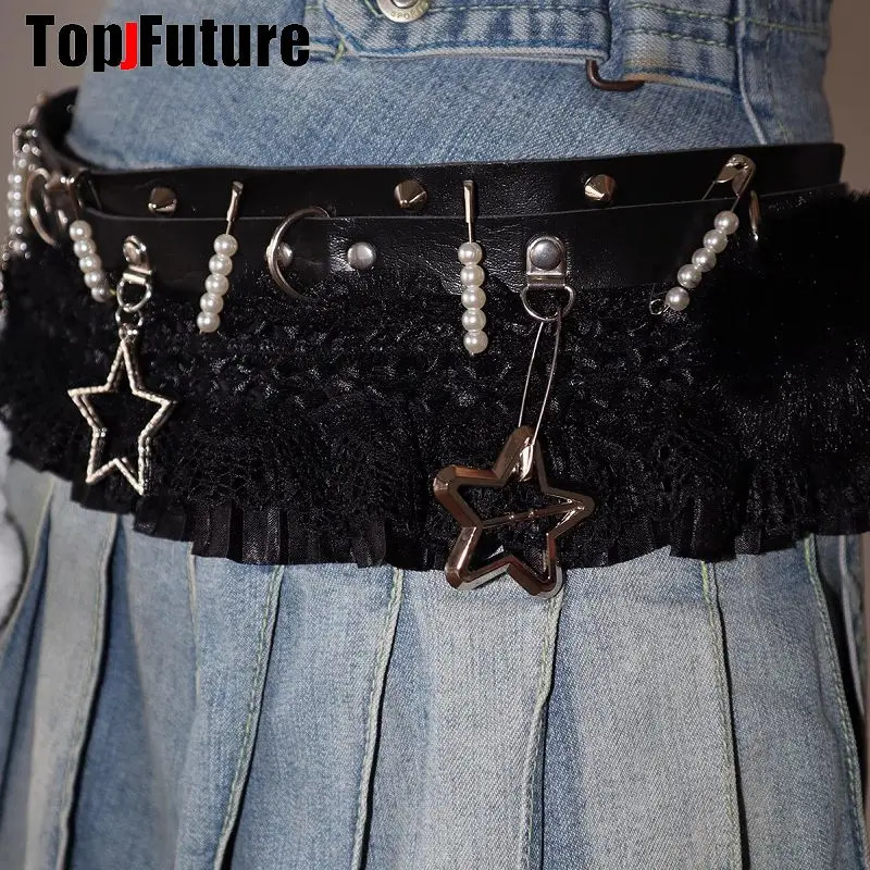 Women HAND MAKE Gothic Lolita Punk Harajuku full of pendants belt princess Y2K girl Millennium Spicy Girl heart star lace belt 251013
