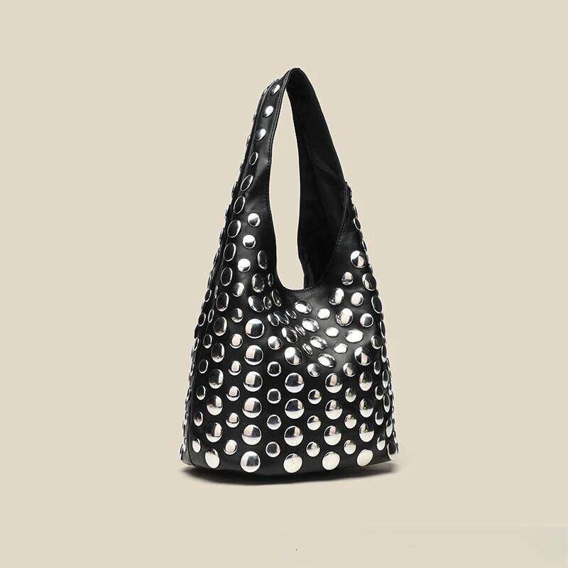 Large Capacity Rivet Designer Women Shoulder Soft Casual Black Female Shopping Lady Bucket Handbag Tote Travel Bag Suo251022
