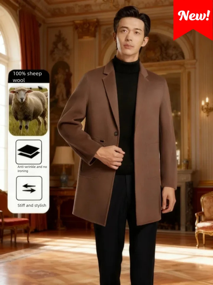 Mens 100 Wool Blend Overcoat BritishInspired MidLength Trench Coat for AllWeather Smart Casual Wear 251015