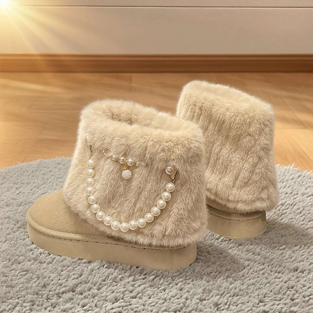 Women's Slip-Resistant Snow Fur-Like Faux Fur Trim Round Toe Moccasin-Style Ankle Buckle Strap Button Detailing, Soft Fabric Arch, Multi-Color Op