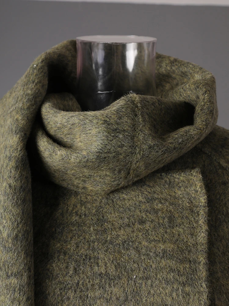 DEAT Fashion Green Scarf Double Side Woolen Coat Womens Loose Covered Button Long Sleeves Blends Coats Autumn 251020