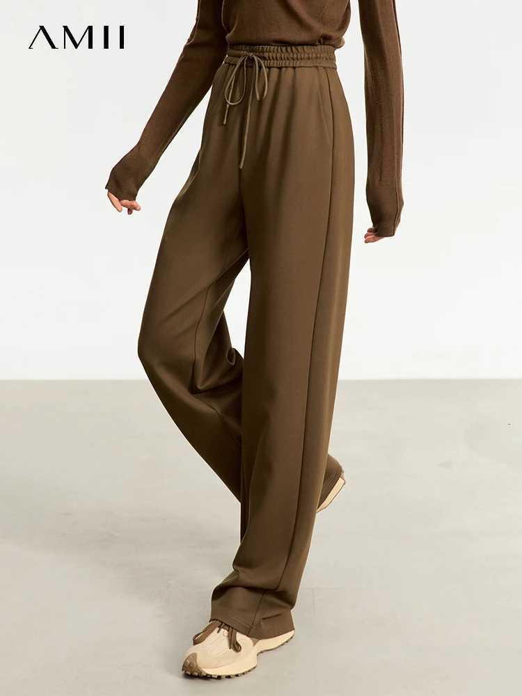 AMII Minimalism Casual Pants for Women 2025 Autumn Wide Leg New Loose Vertical Elastic Waist Drawstring Sporty Trousers 12343338T251022