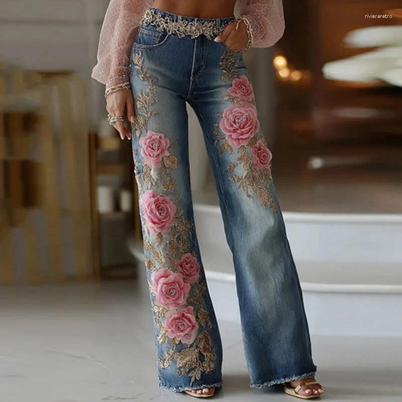 Women's Jeans Ethnic Pink Rose Flower Print Imitation Vintage Chic Button Pocket Denim Pants Woman High Waist Straight Trousers Harajuku Z260313