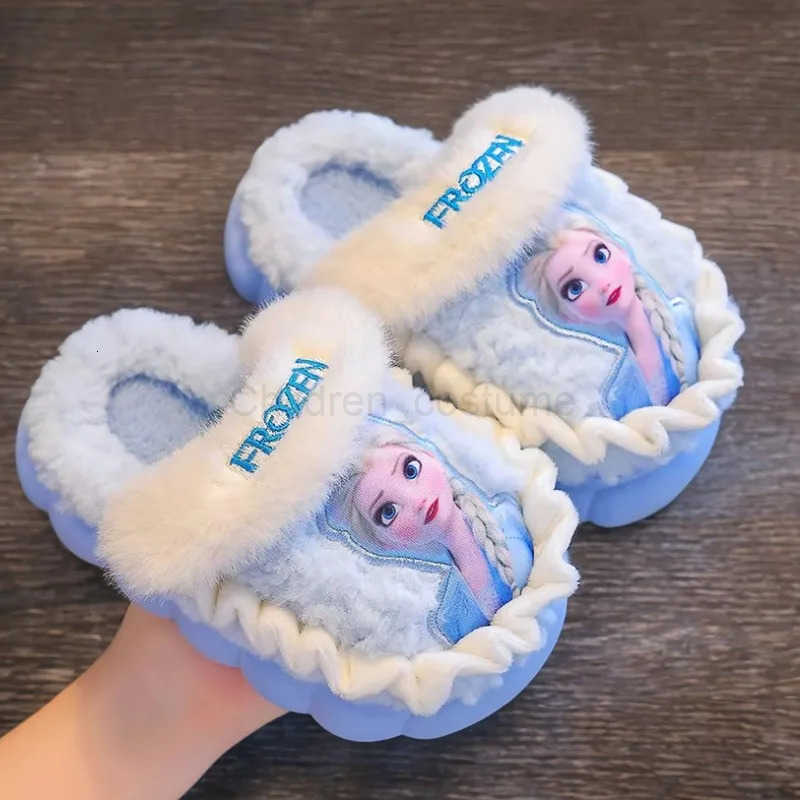 Disney Princess Elsa Winter Childrens Cotton Home Slippers Frozen Girls Snow Non Slip Warm Baby Slippers Pink Blue Size 2436 H251022