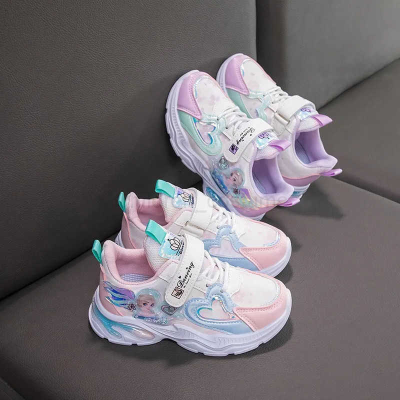Disney Girls Casual Shoes Frozen Priness Elsa Sneakers Mesh Leather White Breathable Sole Childrens Sport Shoes Size 2637 H251022