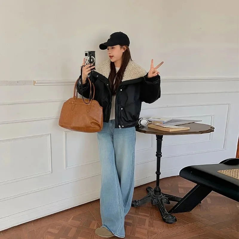 Thick Faux Lamb Pu Leather Jacket Women Y2K Streetwear Loose Lapel Motorcycle Coats Bf American Retro Warm Bomber Outwear 251021