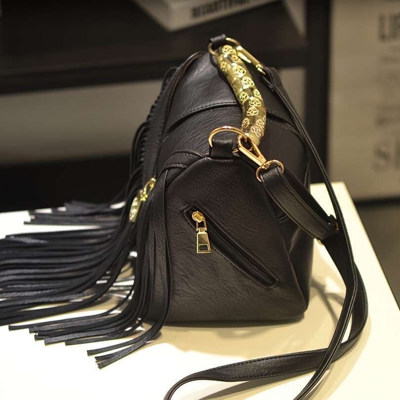 Leisure Trendy Western Style Shoulder Bag, Solid Color Tassel Decor Crossbody Bag For Women