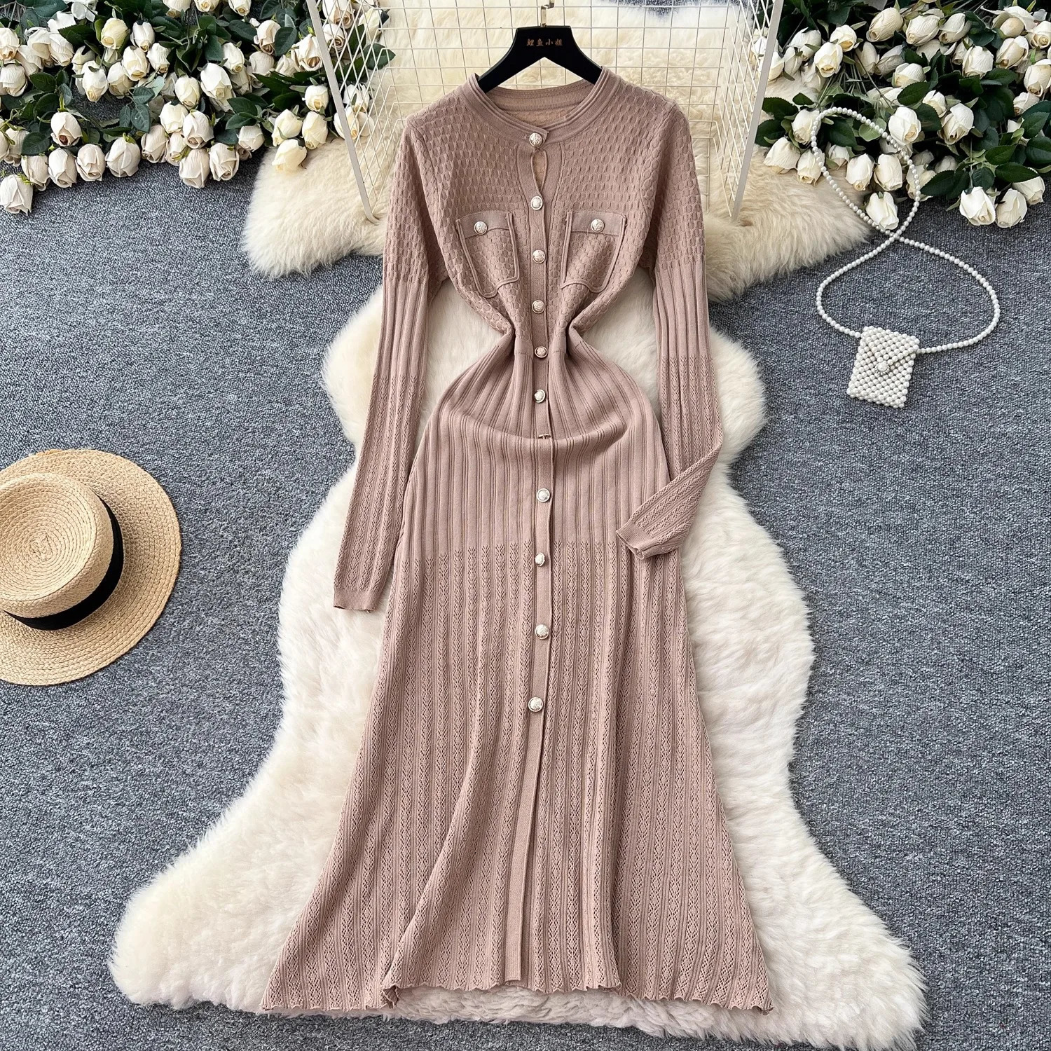 YuooMuoo Fashion Aesthetic Patchwork Knitted Maxi Dress Autumn Winter Women Shirt Sweater Dress Office Lady Vestido 251020