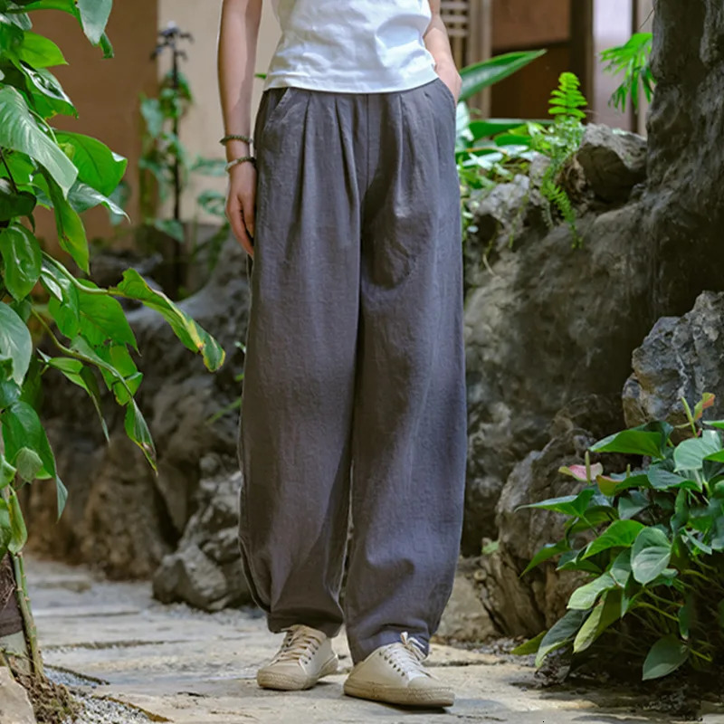 Johnature Women Vintage Solid Color Long Pants Linen Elastic Wasit 2025 Spring Trouser Pockets Loose Women Straight Pants 251022