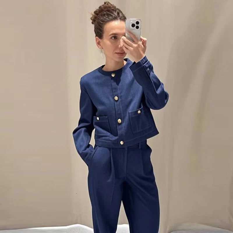 HXAO Woman 2025 Denim Pant Sets Womens Two Pieces Set Elegant Crop ONeck Coat Suit Set 2 Piece Woman High Waist Trousers SetsT251022