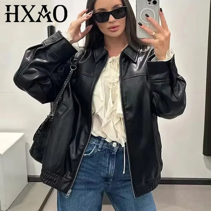 HXAO Womens Jackets Cropped Faux Leather Jacket Women Autumn Long Sleeve Black Bomber Jackets Fashion DemiSeason Jacket 251020