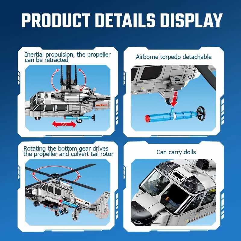 SEMBO Z9 Shipborne Helicopter Assemblage Building Blocks MOC Armed Aircraft Fighter Soldiers Model Bricks Kids Toys Boys Gifts J251022
