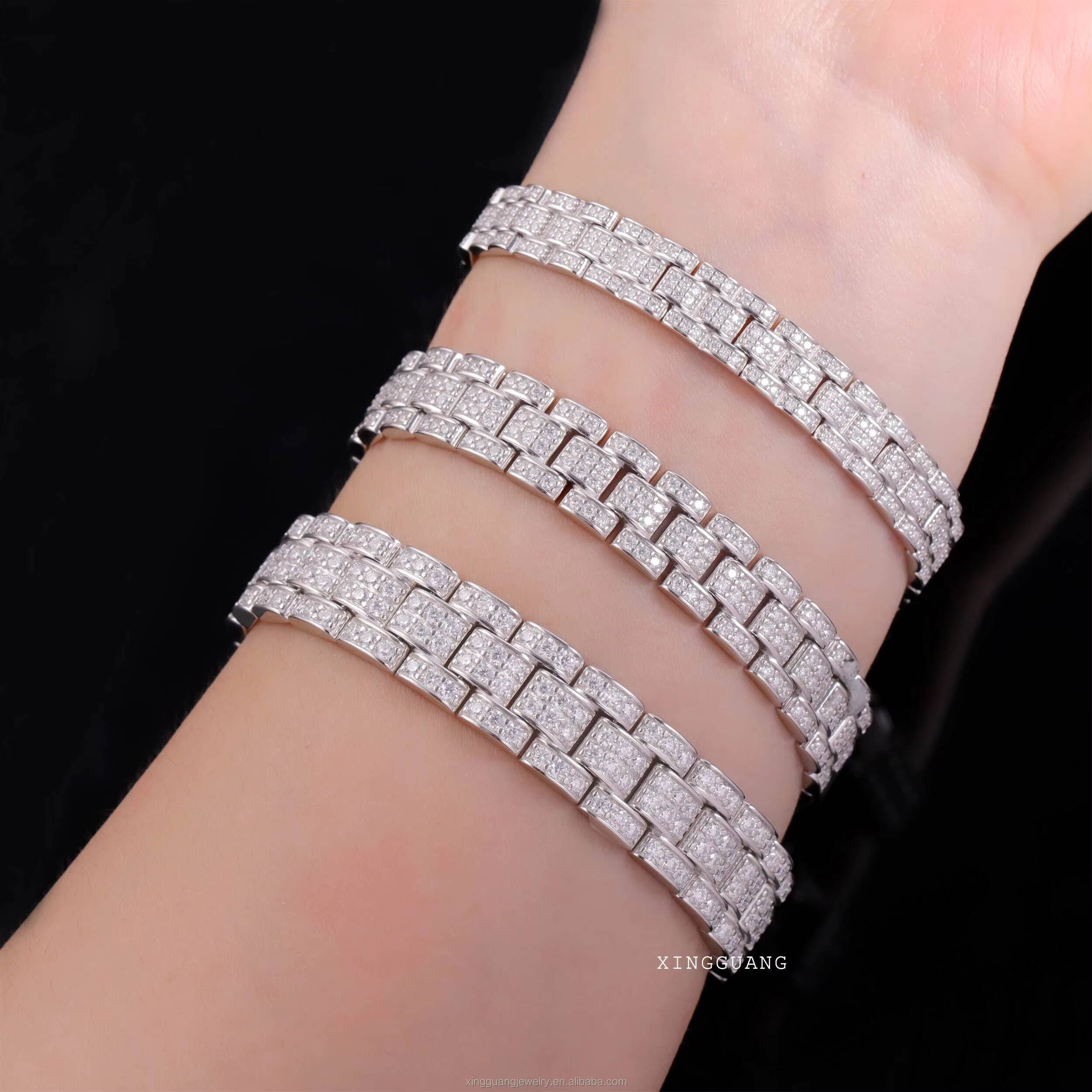 XingGuang Jewelry New Design Hip Hop Moissanite Bracelet Iced Out Diamond Pass Diamond Test Moissanite 925 Silver Cuabn Bracelet