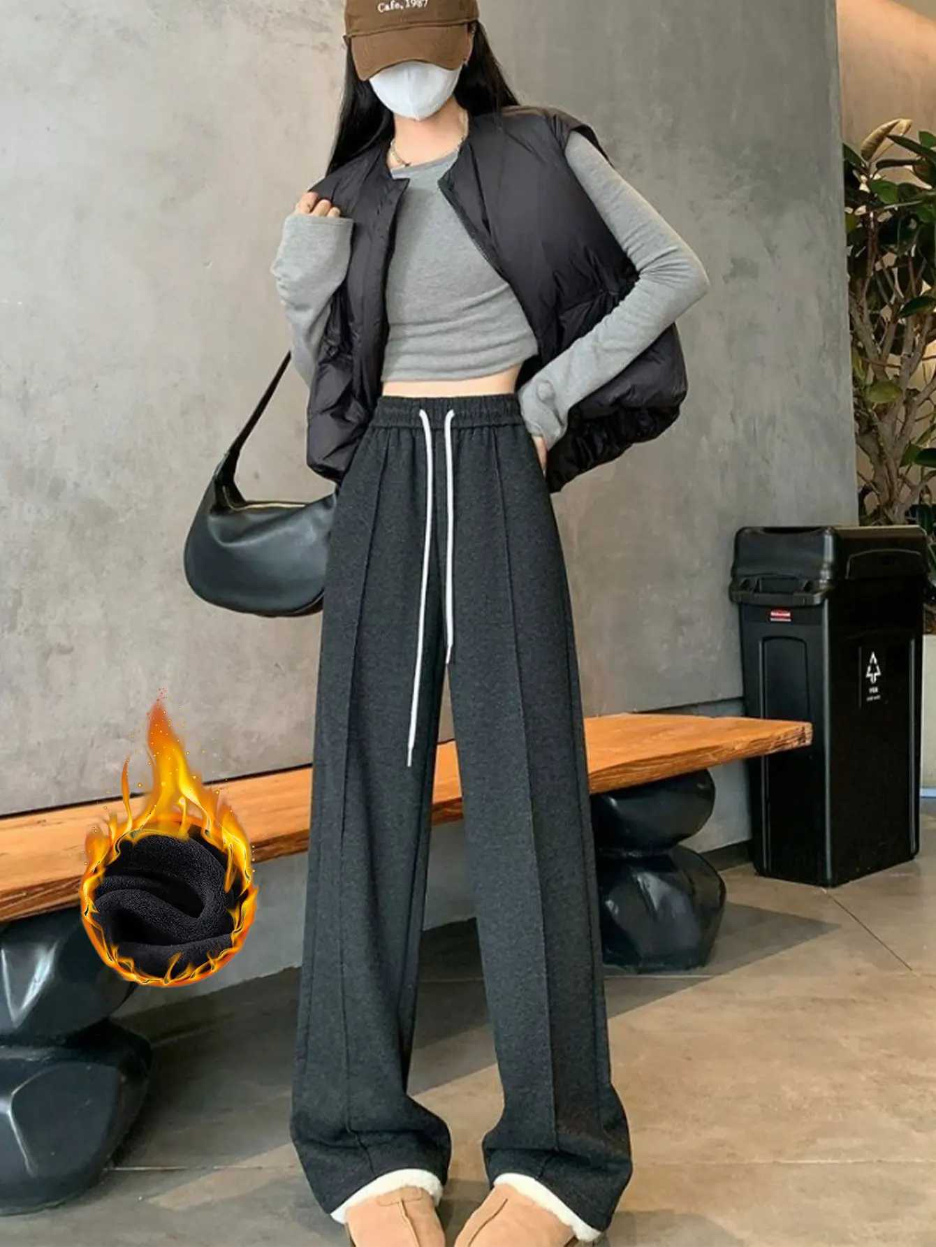 Autumn and winter wideleg pants with high waist design drapey herringbone pattern and velvet trousers straightleg pantsT251022
