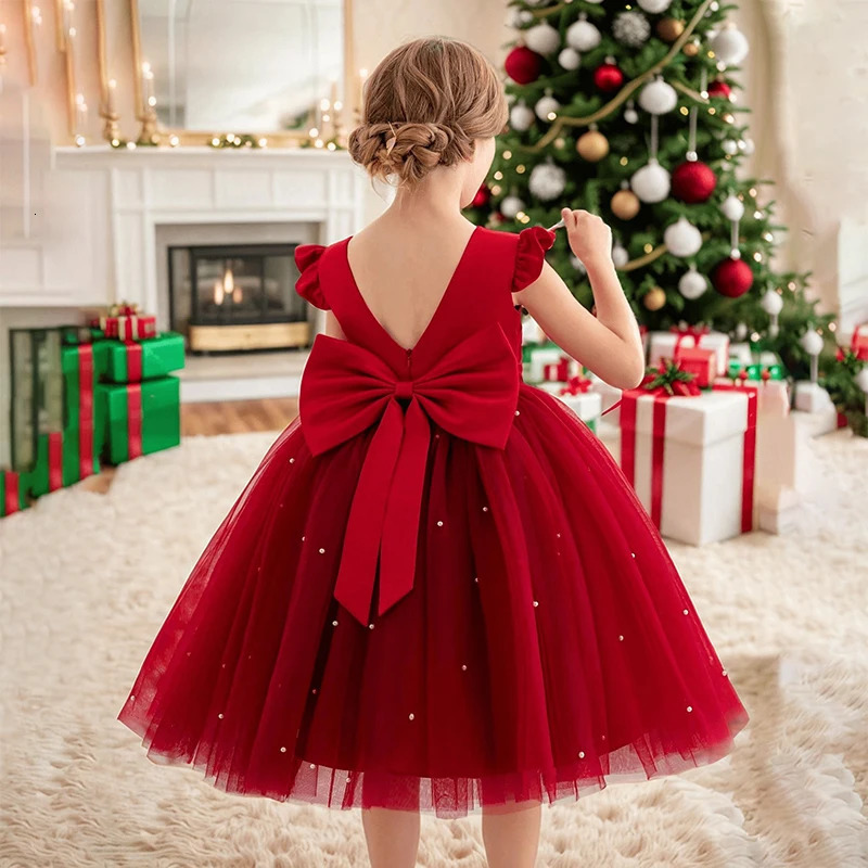Toddler Girl Red Christmas Princess Dress Cute Girl Birthday Party Prom Gown 38 Years Kids Backless Bow Beading Xmas Costume 251021
