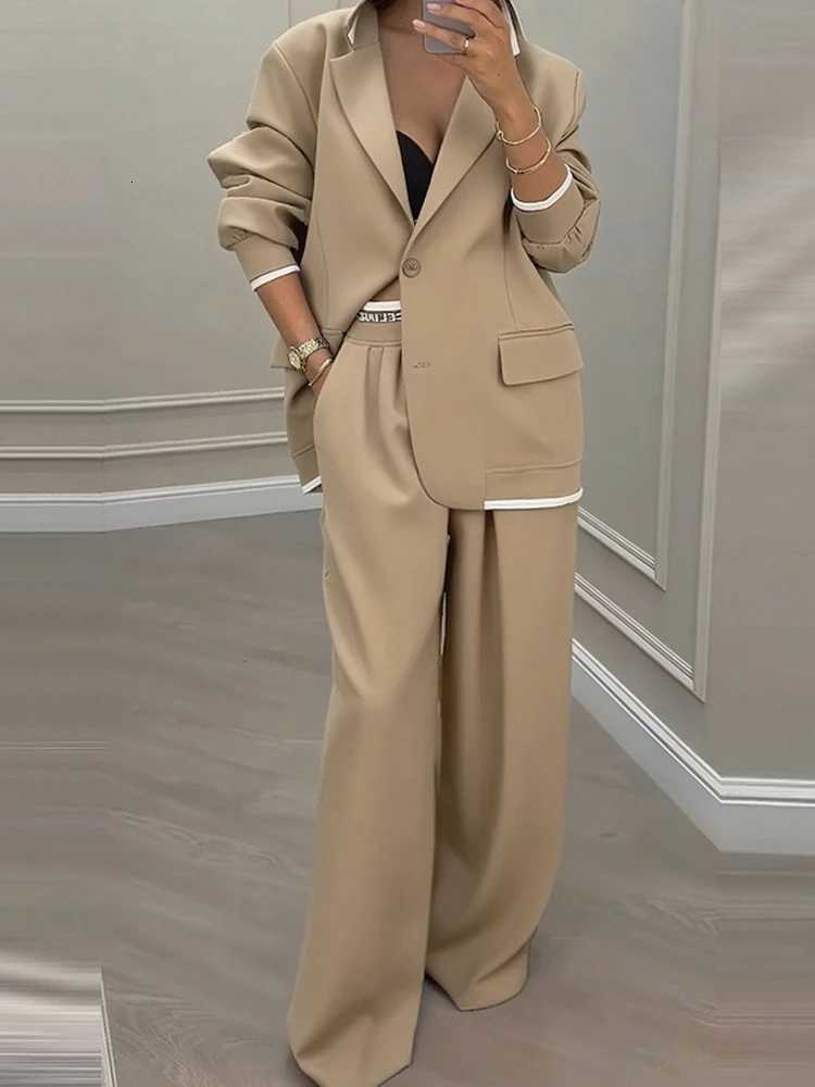 New Womens 2PCS Set Cardigan Top with Wide Leg Pants TurnDown Collar Long Sleeve Patchwork Outfit for Spring Autumn StreetwearT251022