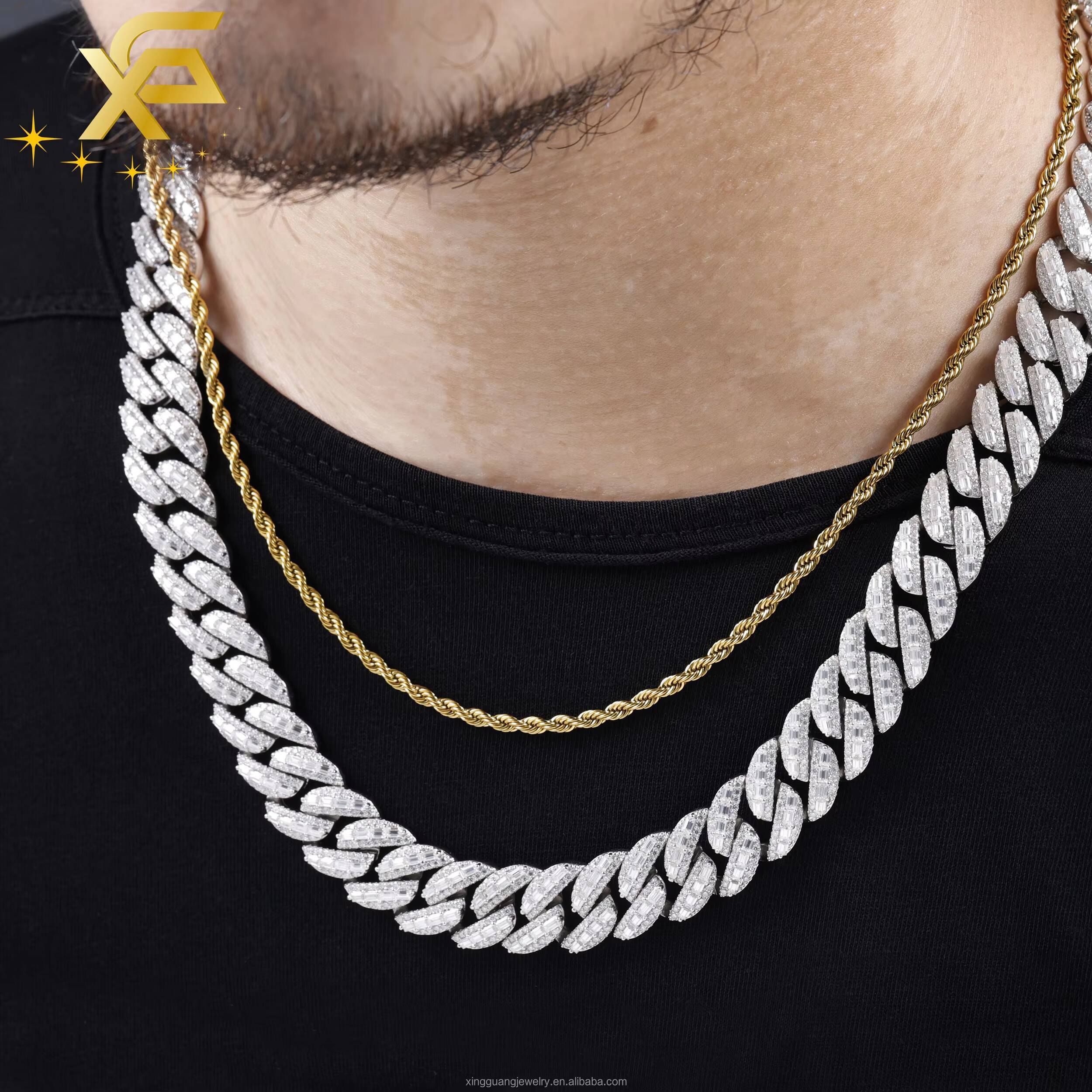 RTS 15mm Vvs Baguette Moissanite Pass Diamond Test Iced Out Hip Hop Silver Necklace Cuban Chain Fine Jewelry Men Rapper Lidynamic