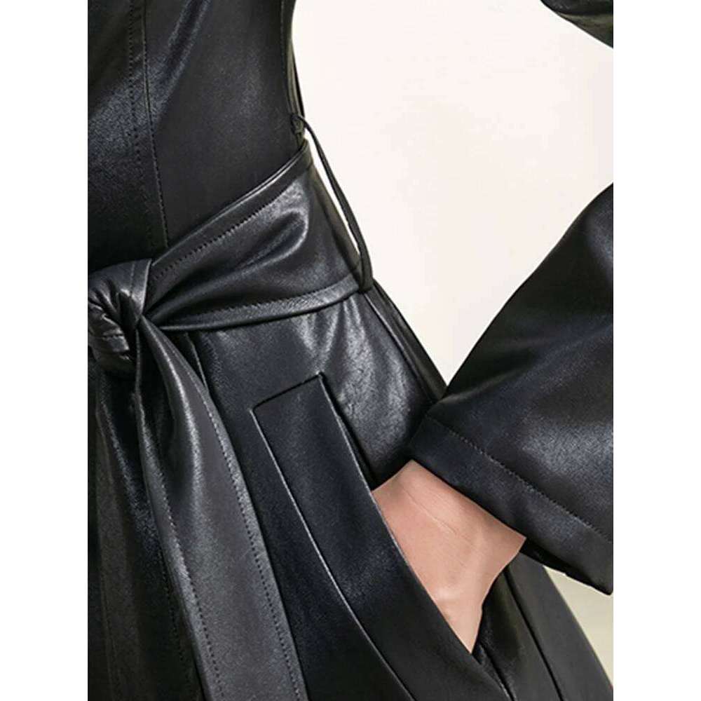 Lautaro Spring Autumn Black Soft Waterproof Faux Leather Coat Women Belt Long Sleeve Single Breasted Fashion 2022