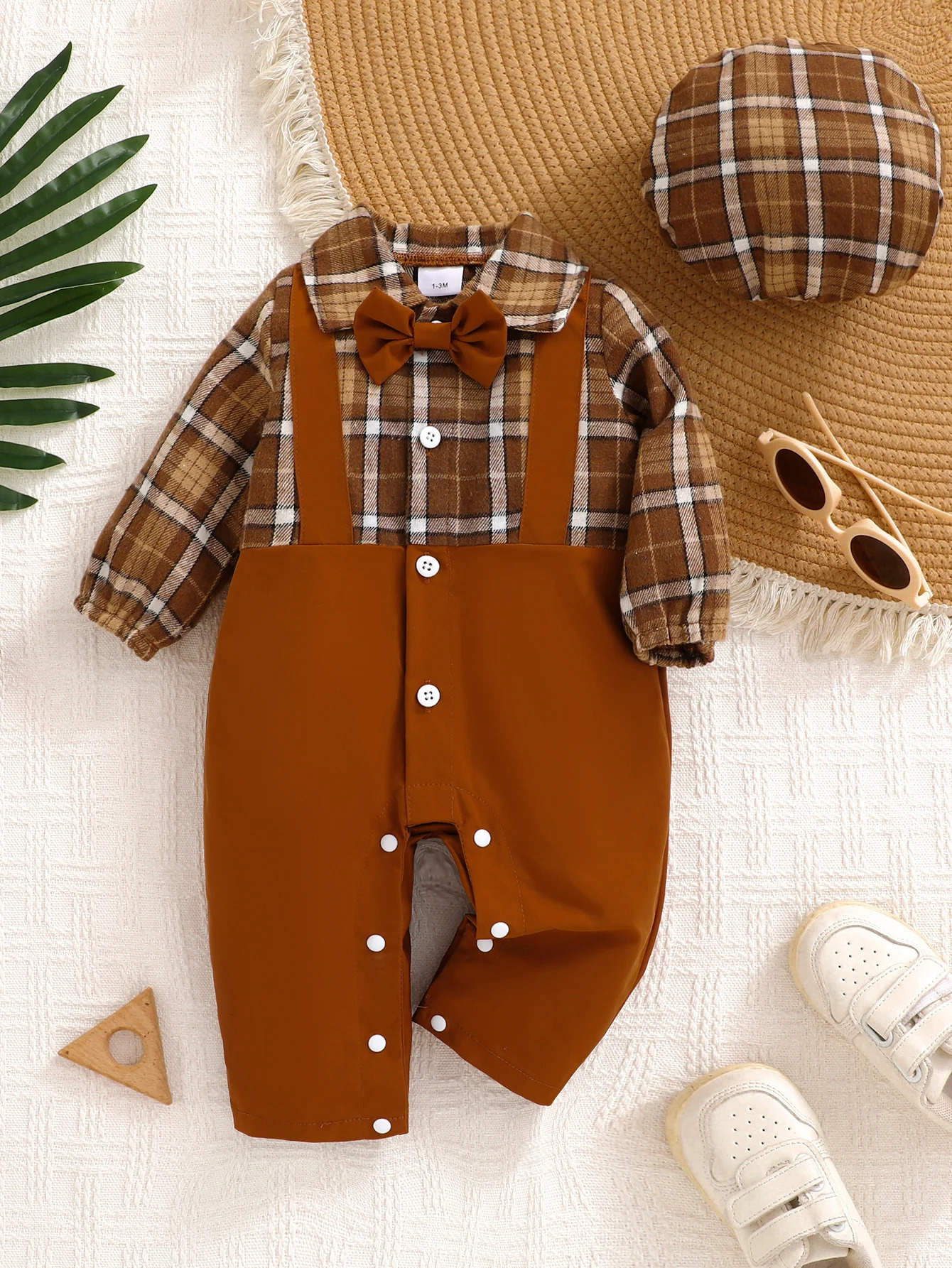 Cute Baby Boy Plaid Print Jumpsuit with Bow Tie Checkered Beret 251022
