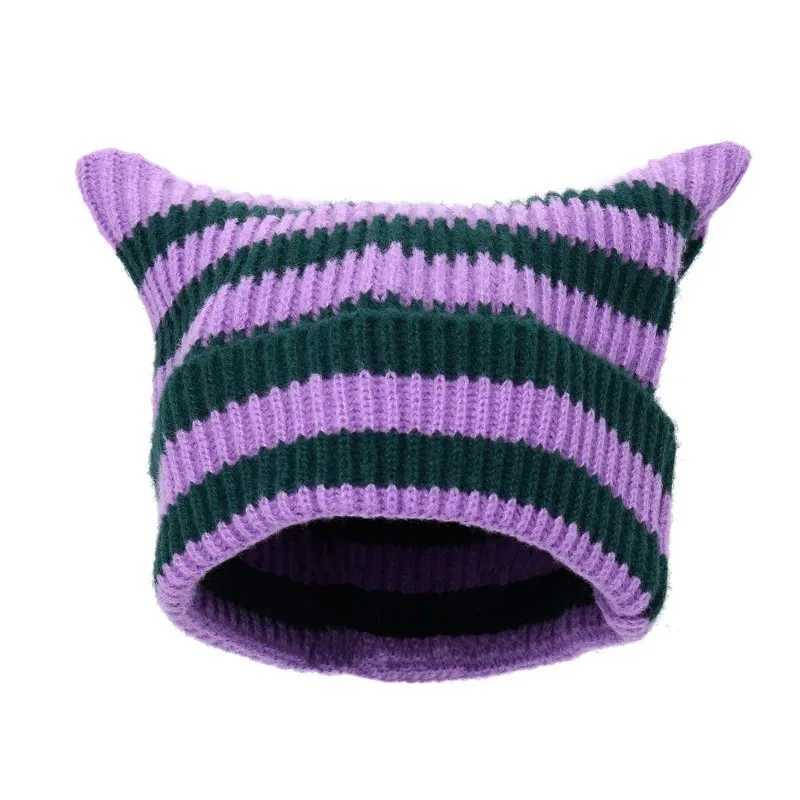 Japanese Y2K Cute Black White Striped Cat Ears Wool Hat Women Autumn Winter Warm Little Devil Hanging Ball Knitted Beanie Hat J251022
