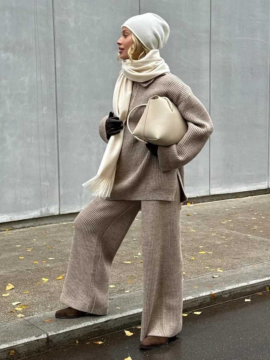 Wolfeel Womens New Autumn Winter Collared Half Zip Ribbed Knit 2Piece Set Oversized Wide Leg Pants Fashion Sweater SuitT251022