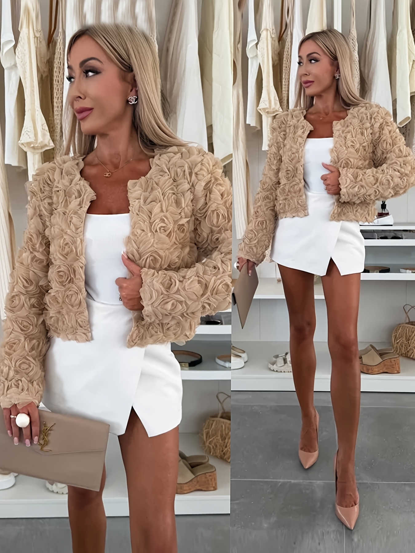 European and American women's fashion short floral jacket with texture; long sleeves in solid color.L251022