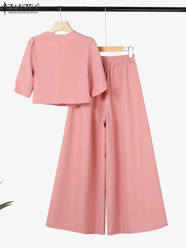 ZANZEA Street Fashion Woman 2 Piece Sets Stylish Short Puff Sleeve Crop Tops Wide Leg Pants 2PCS Outfit Elegant Office Pant SetsT251022