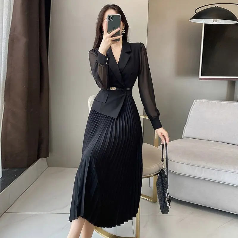 Womens Korean Fashion Blazer Patchwork Long Sleeve Dresses Office Lady Elegant High Waist Black Slim Pleated Midi Dress 251020