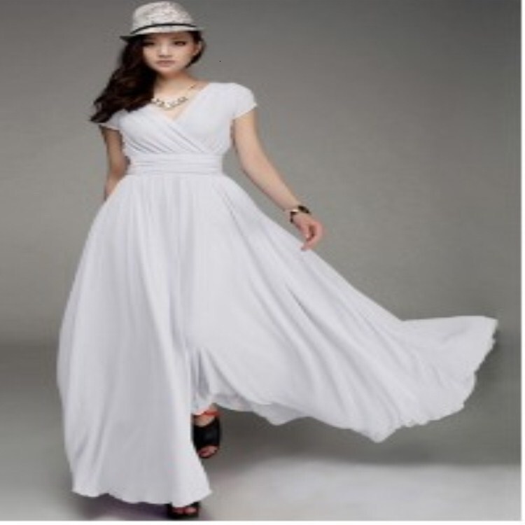 New designer fashionable European and American V-neck short sleeved Bohemian chiffon slim fit wrapped belly dress