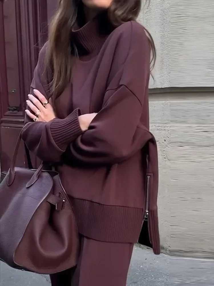 Elegant Knitted Sweater Pants Set Women Zipper Turtleneck Long Sleeve Tops Wide Leg Trousers Spring Casual Loose OutfitsT251022