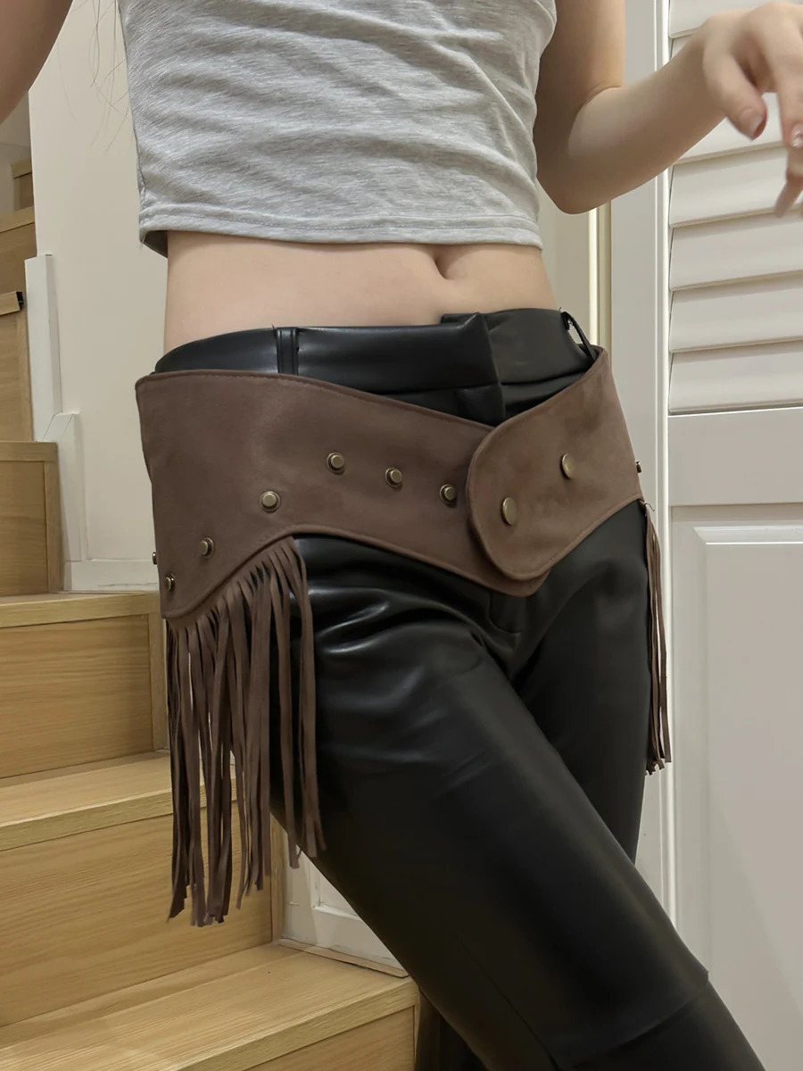 Wide Fringed Waist Seal American Spicy Girl Y2K Faion Decorative Belt Retro Leather Curtain Decoration Womens Faion Acce 251013