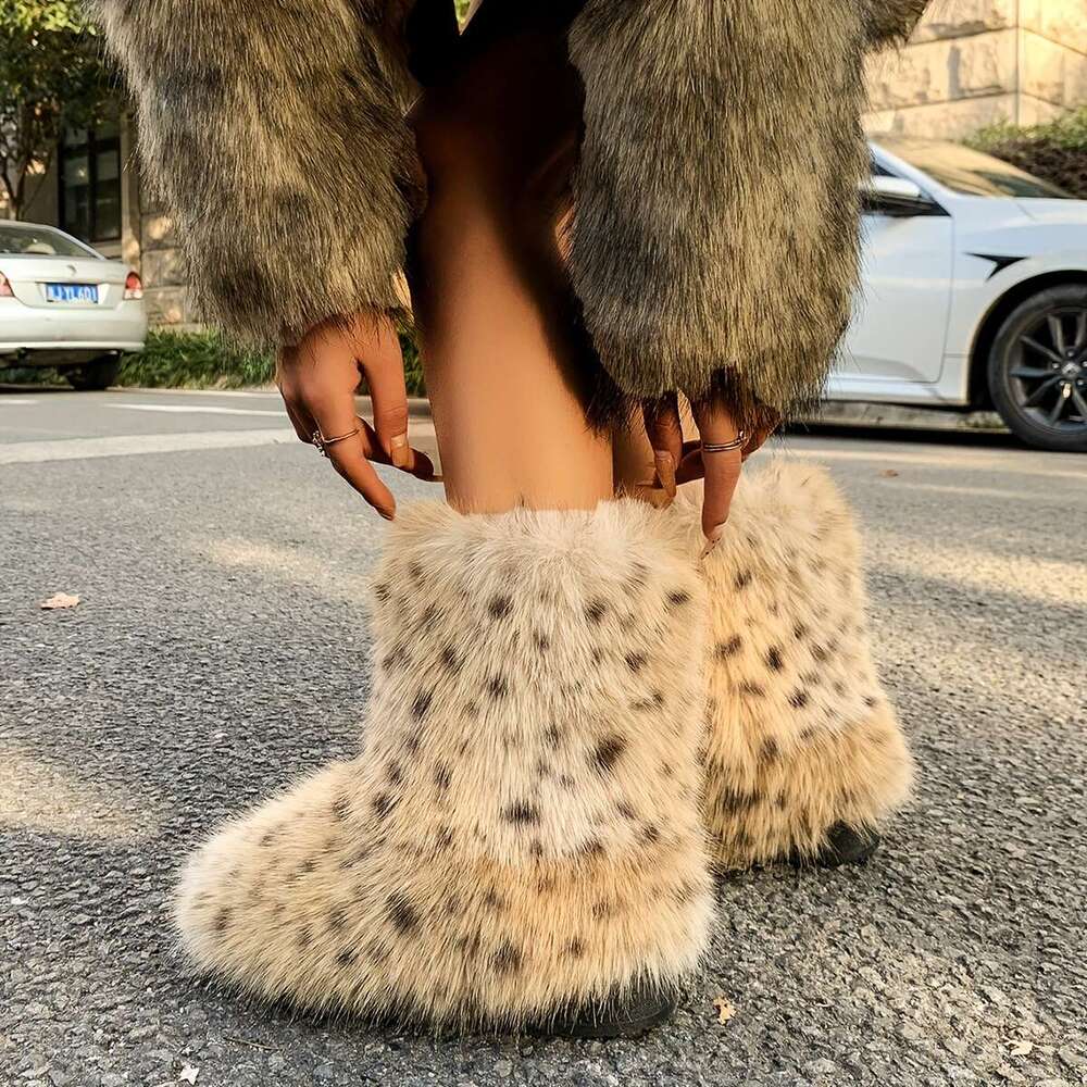 Women's Ry Snow Boots Warm Plush Fabric Lined Anti-Slip Rubber Sole Comfort Fluffy Winter Booties With Thick Platform