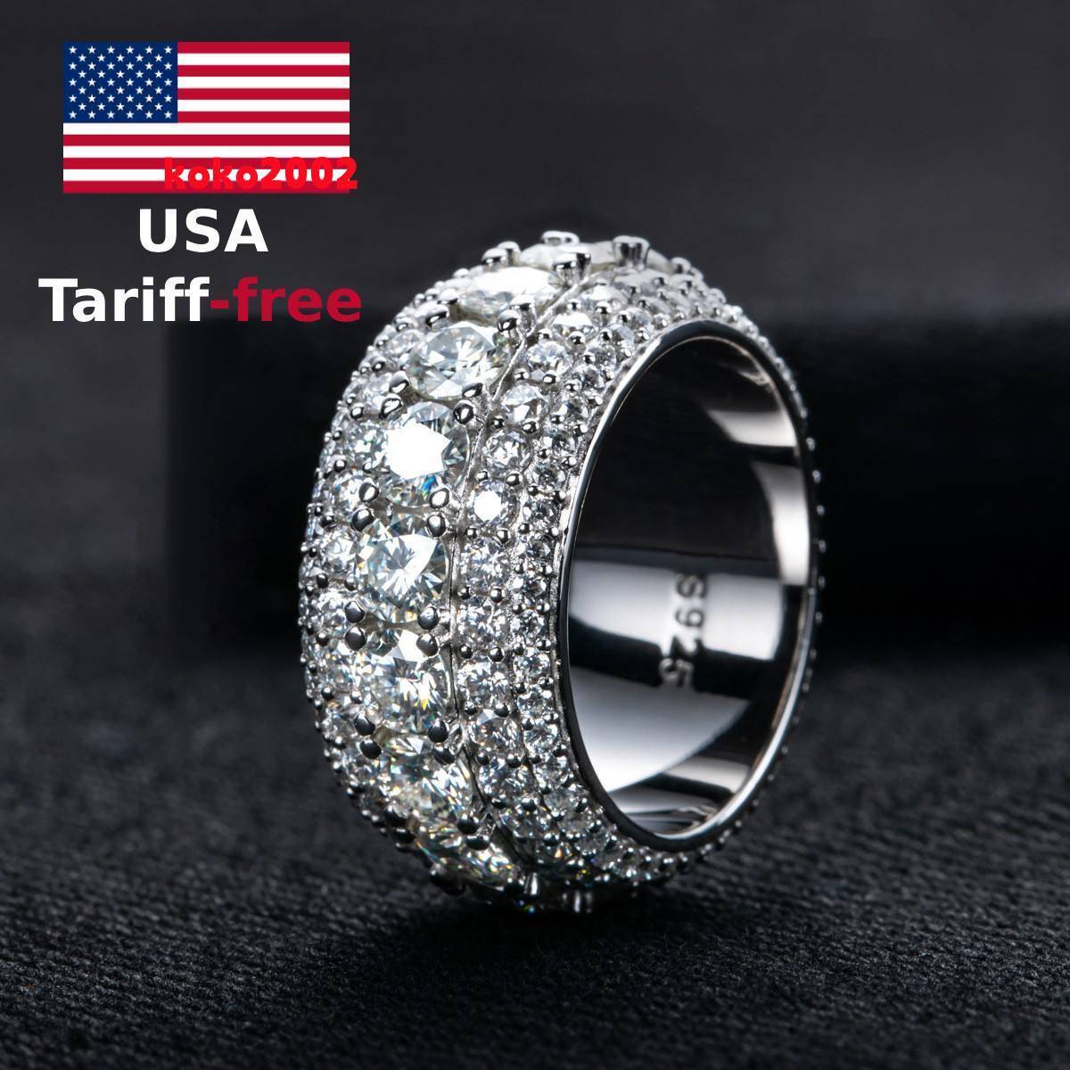 5Row Moissanite Ring in 925 Sterling Silver Shiny Fashion Jewelry for Men Diamond Tester Passed Nice Gift