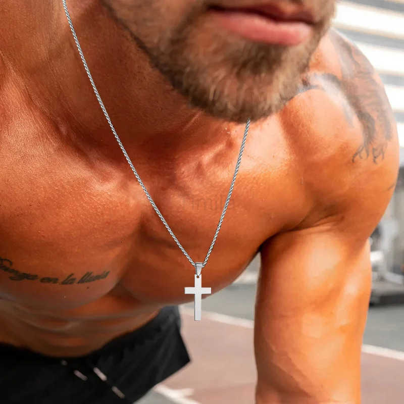 Waterproof Cross Necklaces for Men Male Gifts Jewelry Anti Allergy Stainless Steel Plain Cross Pendant with Rope Chain U251022