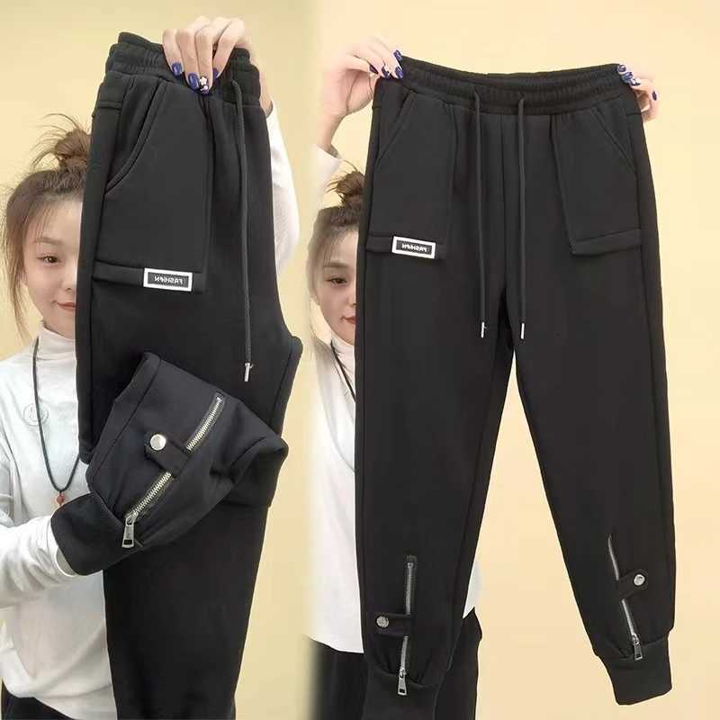 Autumn Winter Women Pants Add Velvet Pants Elastic Waist Zipper Guard Harem Pants Casual Sports Trousers Female Harem PantsT251022