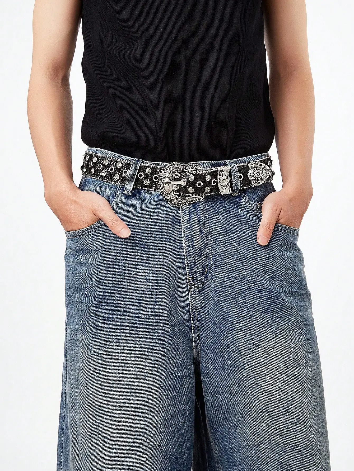 1pc mens black western style diamond Y2K metal style mens belt for all seasons commuting and jeans accessories 251013