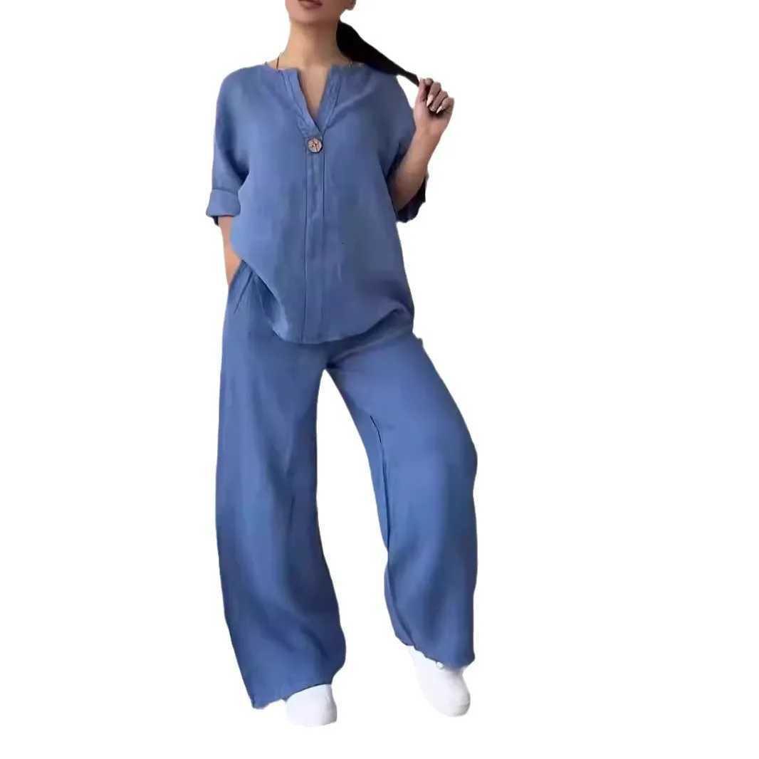 Fashion Solid Color Pants Sets Women Spring Autumn Buttons Vneck Long Sleeve T Shirt Wide Legs Trousers Two Piece Set FemaleT251022