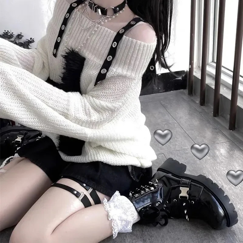 Off Shoulder Belted Thin Cross Fur Patchwork Sweater Casual Kpop Harajuku Punk Knitwear Women Autumn Loose Gothic Y2k Pullovers 251016